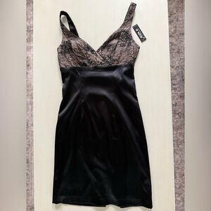 Elegant Black satin dress with lace detail